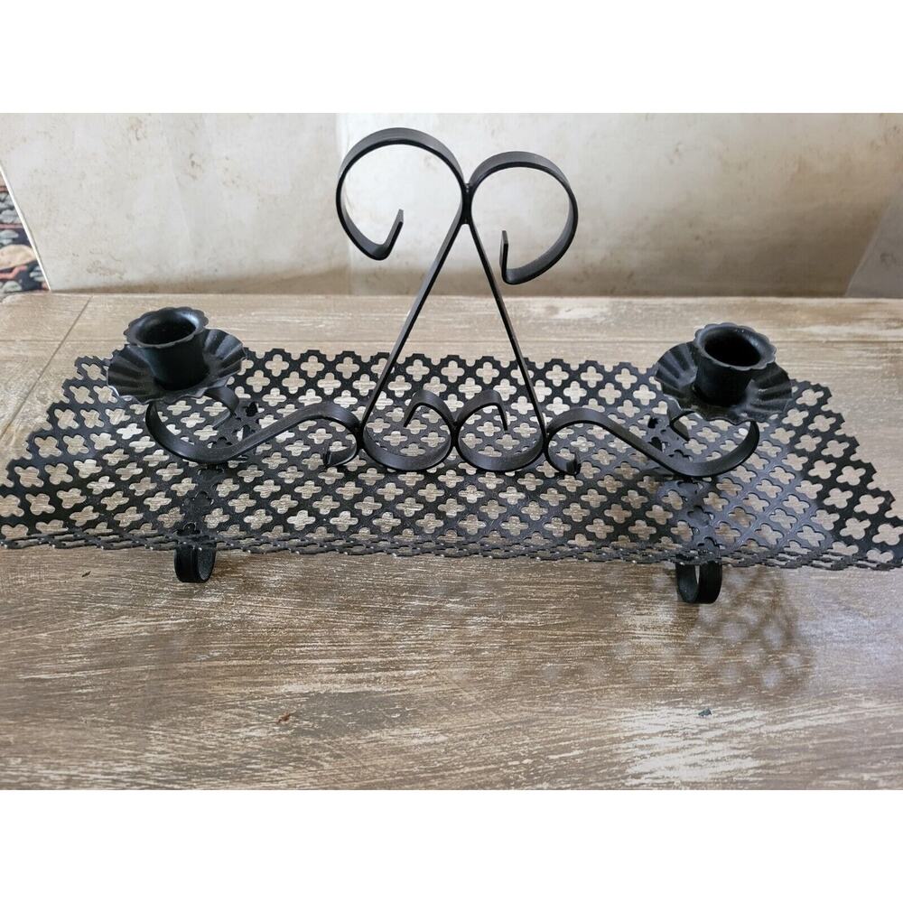 Vintage Clover Pattern Black Metal Double Candle Holder Black MCM